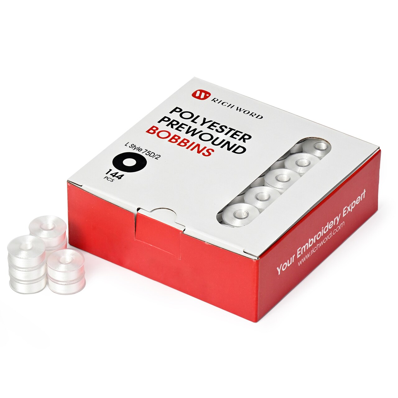 Richword Selected Prewound Bobbins Plastic Sided, Size L (SA155) 144pcs, 70D/2 & 75D/2 (60WT) Polyester Embroidery Bobbin Thread, Black & White, 105–110 Yards, for Commercial Multi-Needle Embroidery Machines